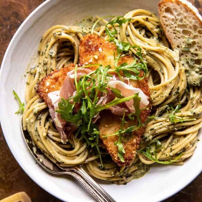 Basil Parmesan Pasta with Crispy Chicken, Prosciutto, and Arugula | halfbakedharvest.com