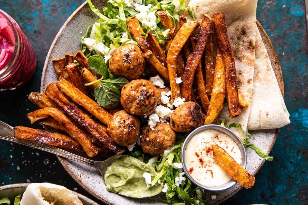 Chicken Meatball Pita Bowls with Seasoned Fries and Feta. Half Baked