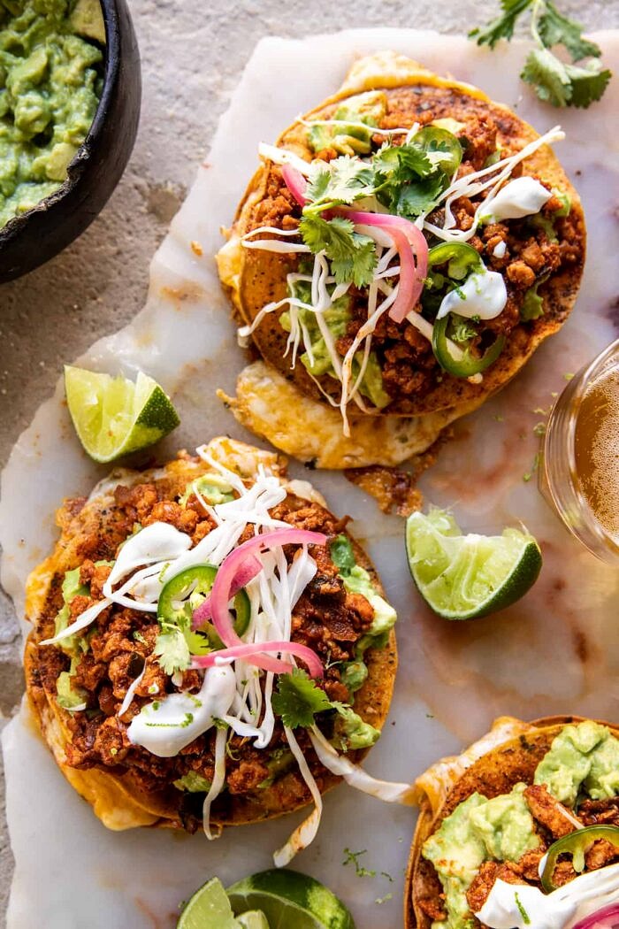 overhead photo of Cool Ranch Chicken Tostadadillas with Honey Lime Crema