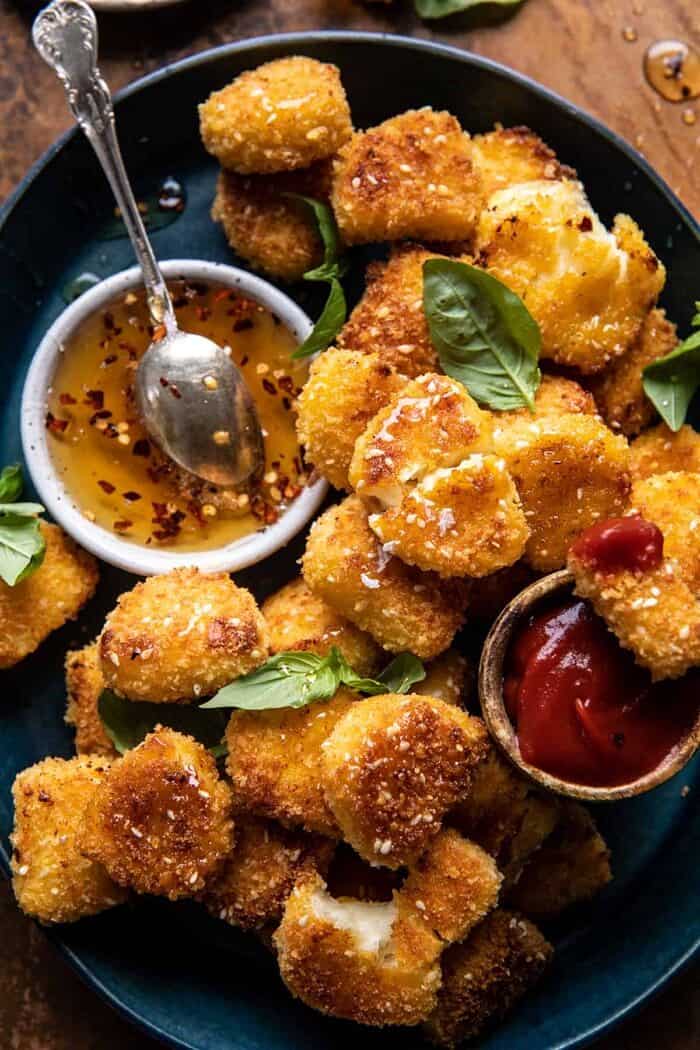 overhead close up photo of Oven Fried Halloumi Bites with Hot Honey