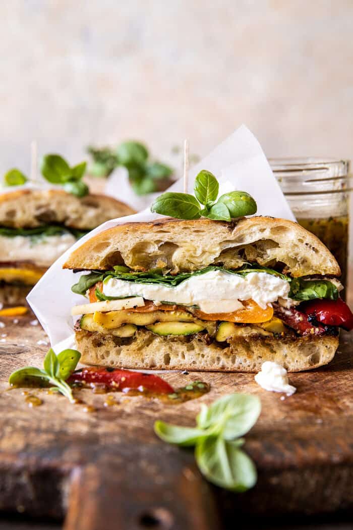 Grilled Vegetable Burrata Sandwich with Lemon Thyme Honey Mustard | halfbakedharvest.com