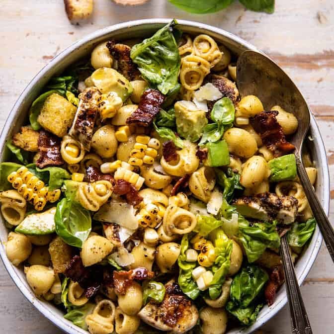Pesto Chicken, Corn, and Avocado Bacon Pasta Salad | halfbakedharvest.com