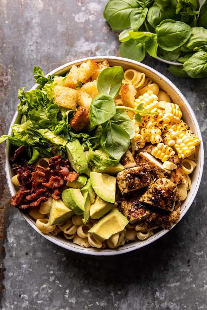 Pesto Chicken, Corn, and Avocado Bacon Pasta Salad | halfbakedharvest.com