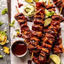 Spicy Beer BBQ Chicken Skewers with Avocado Corn and Feta Salsa | halfbakedharvest.com