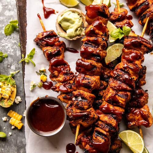 Half Feta Chicken Skewers Salsa. - Corn Beer BBQ with Harvest Baked Avocado Spicy and