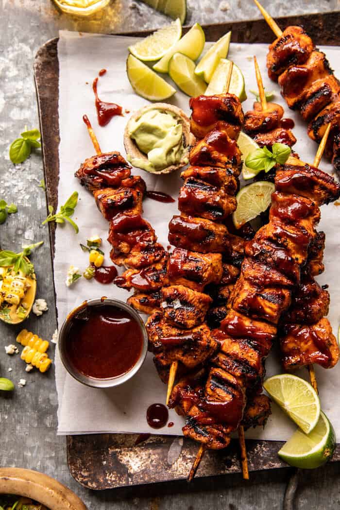 Spicy Beer BBQ Chicken Skewers with Avocado Corn and Feta Salsa | halfbakedharvest.com
