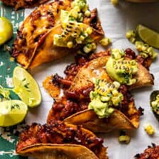 Crispy Chipotle BBQ Chicken Tacos with Creamy Charred Corn Salsa | halfbakedharvest.com