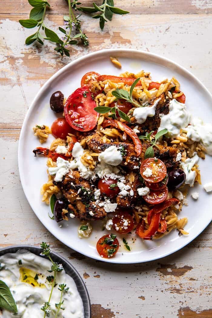 One Skillet Greek Chicken and Orzo with Tomatoes, Feta, and Tzatziki | halfbakedharvest.com