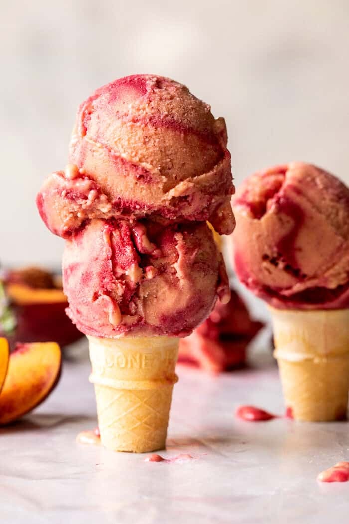 5 ingredient Raspberry Peach Sherbet | halfbakedharvets.com