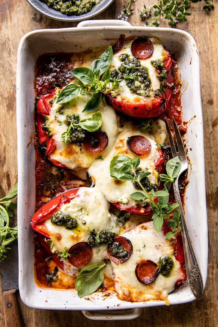 Spicy Pesto Cheese Stuffed Roasted Red Peppers | halfbakedharvest.com