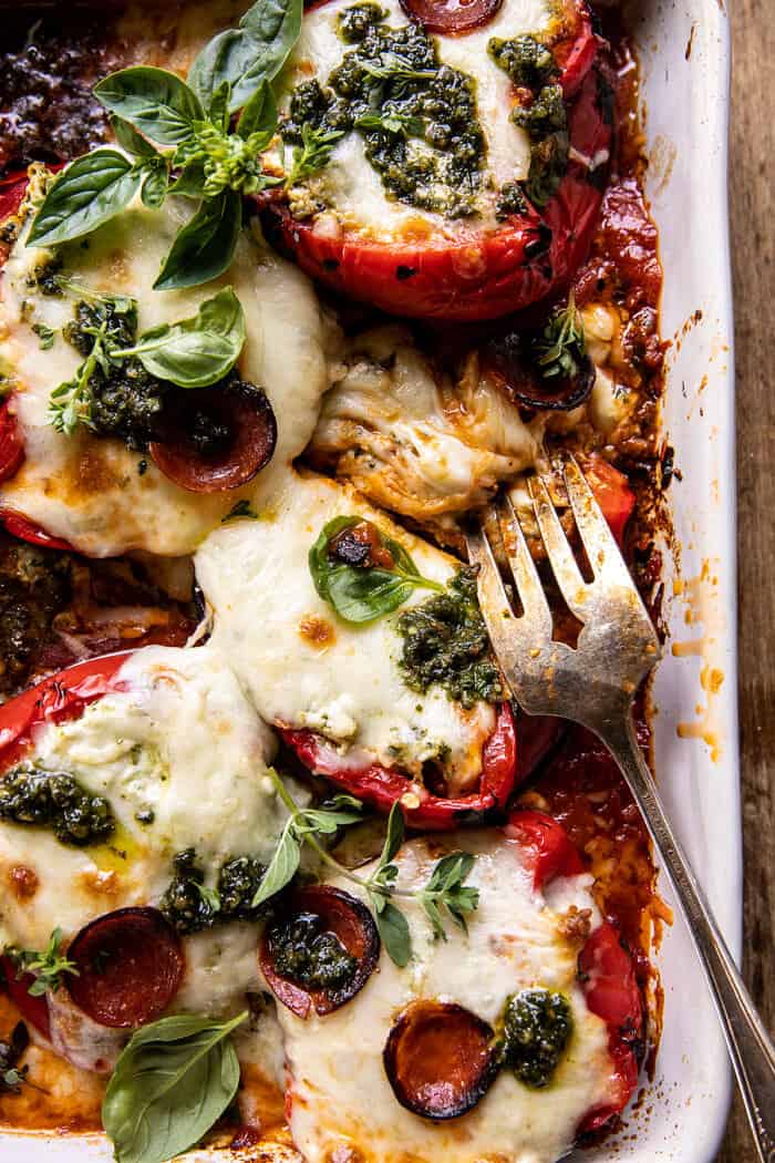 Spicy Pesto Cheese Stuffed Roasted Red Peppers | halfbakedharvest.com