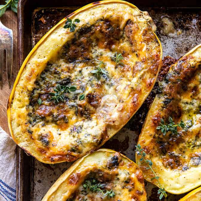 4 Cheese Roasted Garlic Alfredo Stuffed Spaghetti Squash | halffbakedharvest.com