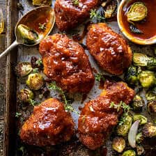 Sheet Pan Hot Honey Mustard Chicken and Crispy Brussels Sprouts | halfbakedharvest,com