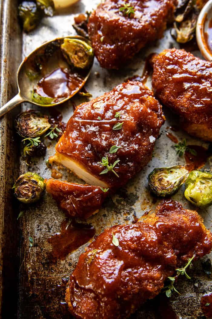 Sheet Pan Hot Honey Mustard Chicken and Crispy Brussels Sprouts | halfbakedharvest,com