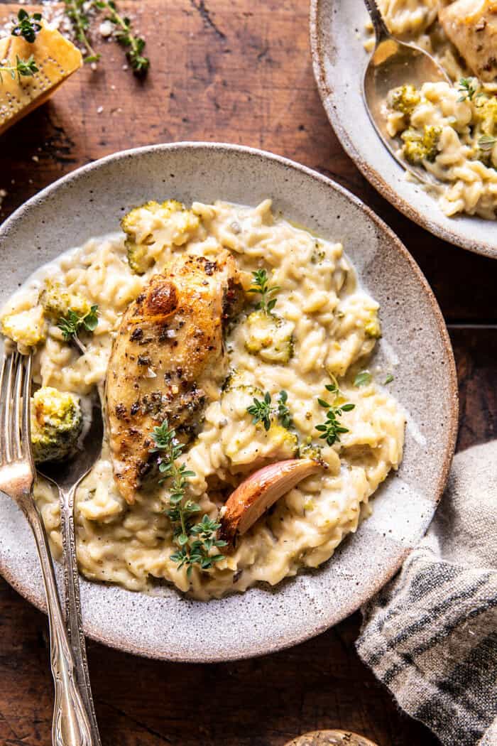 Slow Cooker Mustard Herb Chicken and Creamy Orzo.