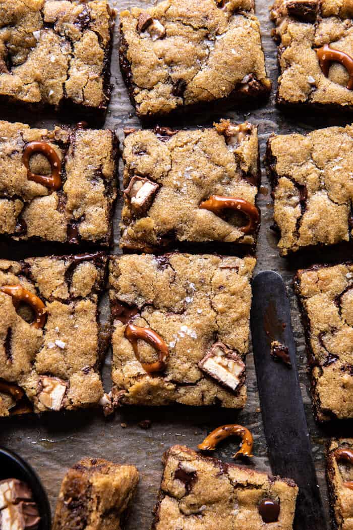Pretzel Snickers Chocolate Chip Cookie Bars.