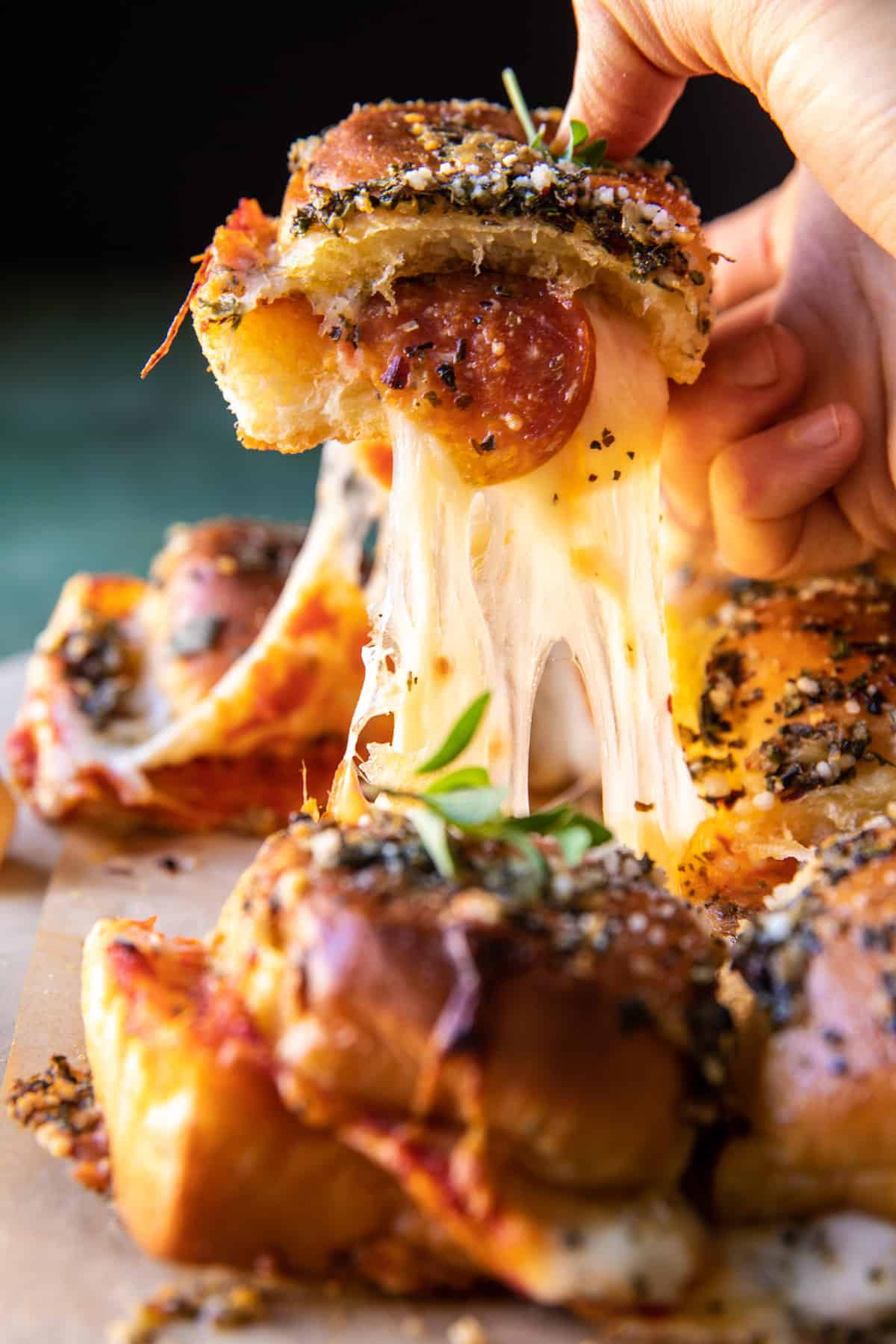 Pull Apart Roasted Garlic Pizza Dip Sliders | halfbakedharvest.com