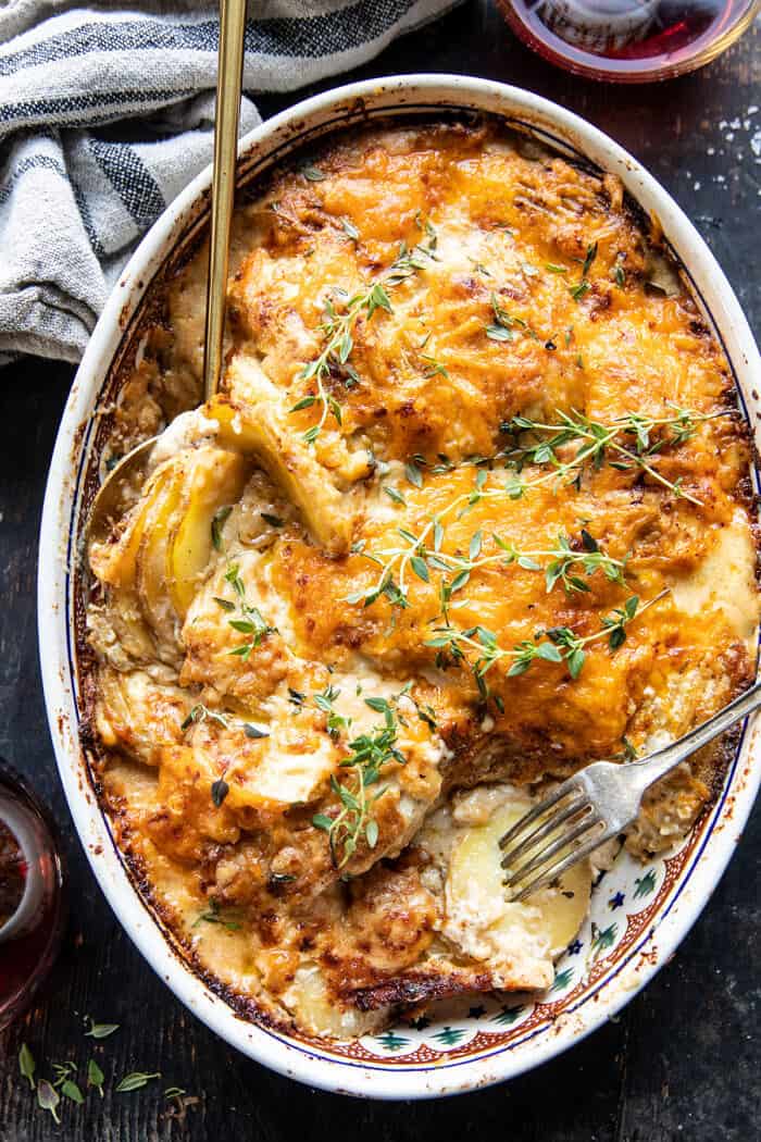 Cheesy Scalloped Potatoes with Caramelized Onions.