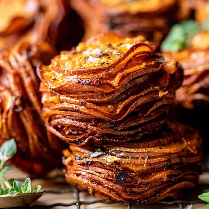 Crispy Parmesan Thyme Sweet Potato Stacks | halfbakedharvest.com