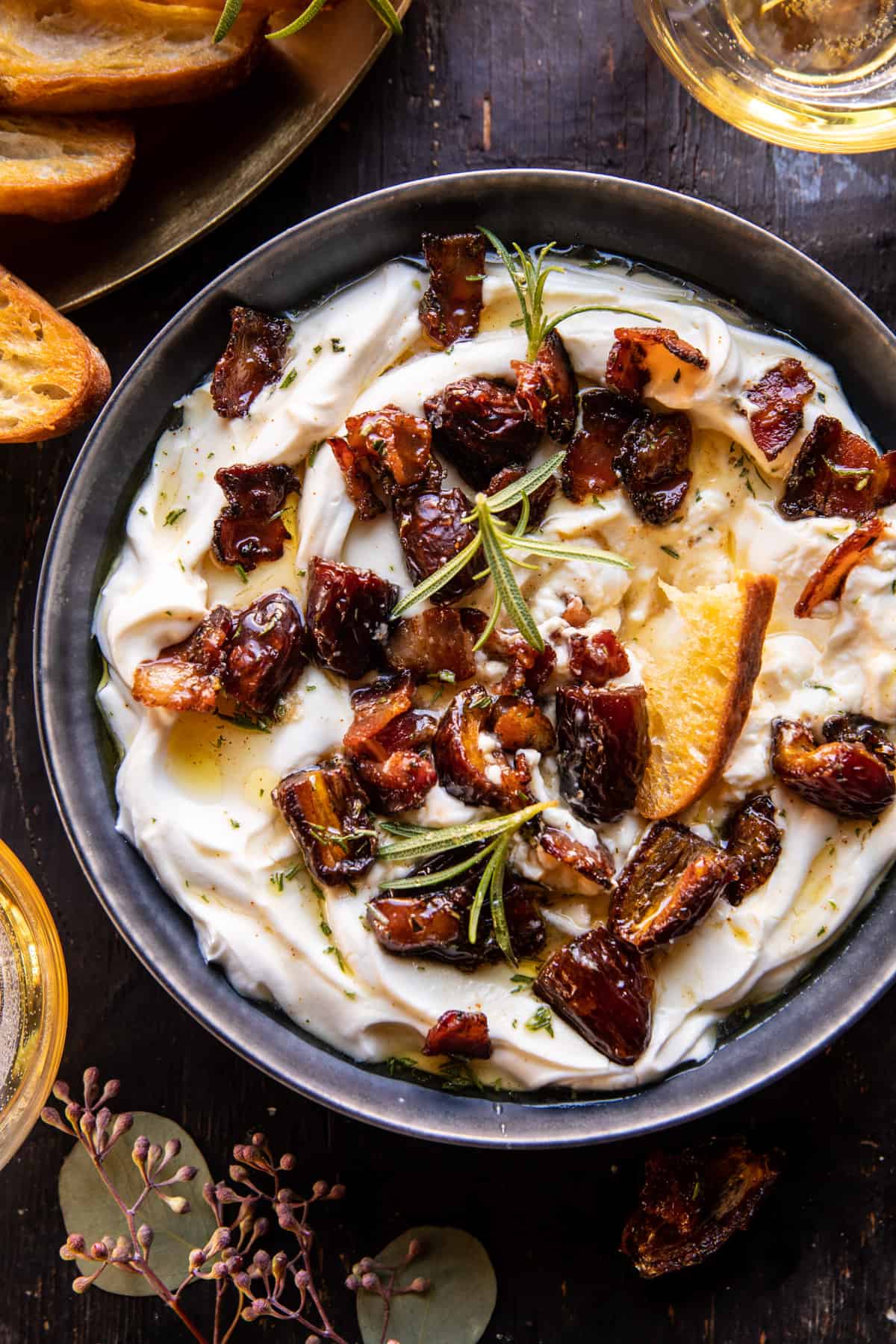 Whipped Goat Cheese with Warm Candied Bacon and Dates | halfbakedharvest.com