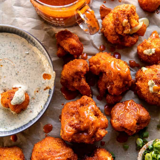 Buffalo Cauliflower with Spicy Tahini Ranch | halfbakedharvest.com