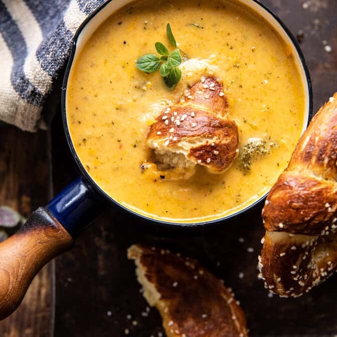 Lighter Creamy Broccoli Cheddar Soup | halfbakedharvest.com