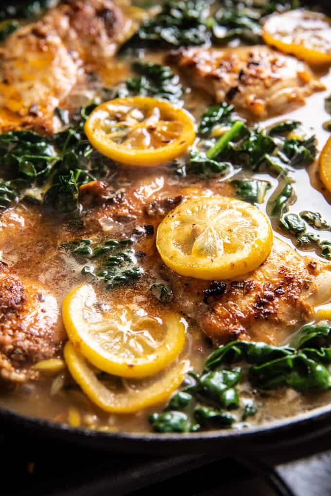 One Skillet Lemon Butter Dijon Chicken and Orzo with Feta Sauce. Half Baked Harvest