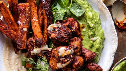 half baked harvest green goddess dressing Sheet Pan Lemon Chicken with Sweet Potatoes and Avocado Goddess Sauce