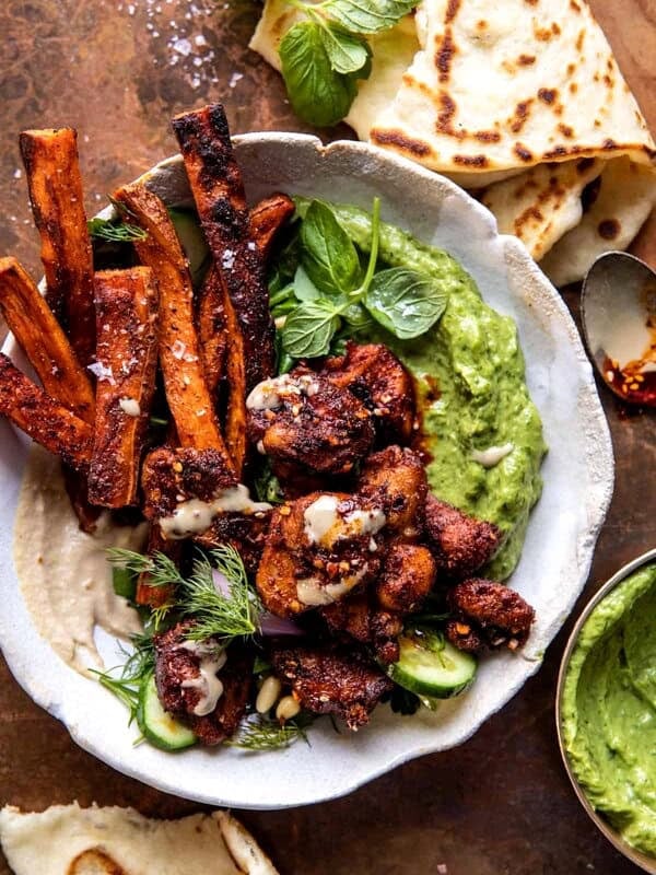 Sheet Pan Lemon Chicken with Sweet Potatoes and Avocado Goddess Sauce | halfbakedharvest.com