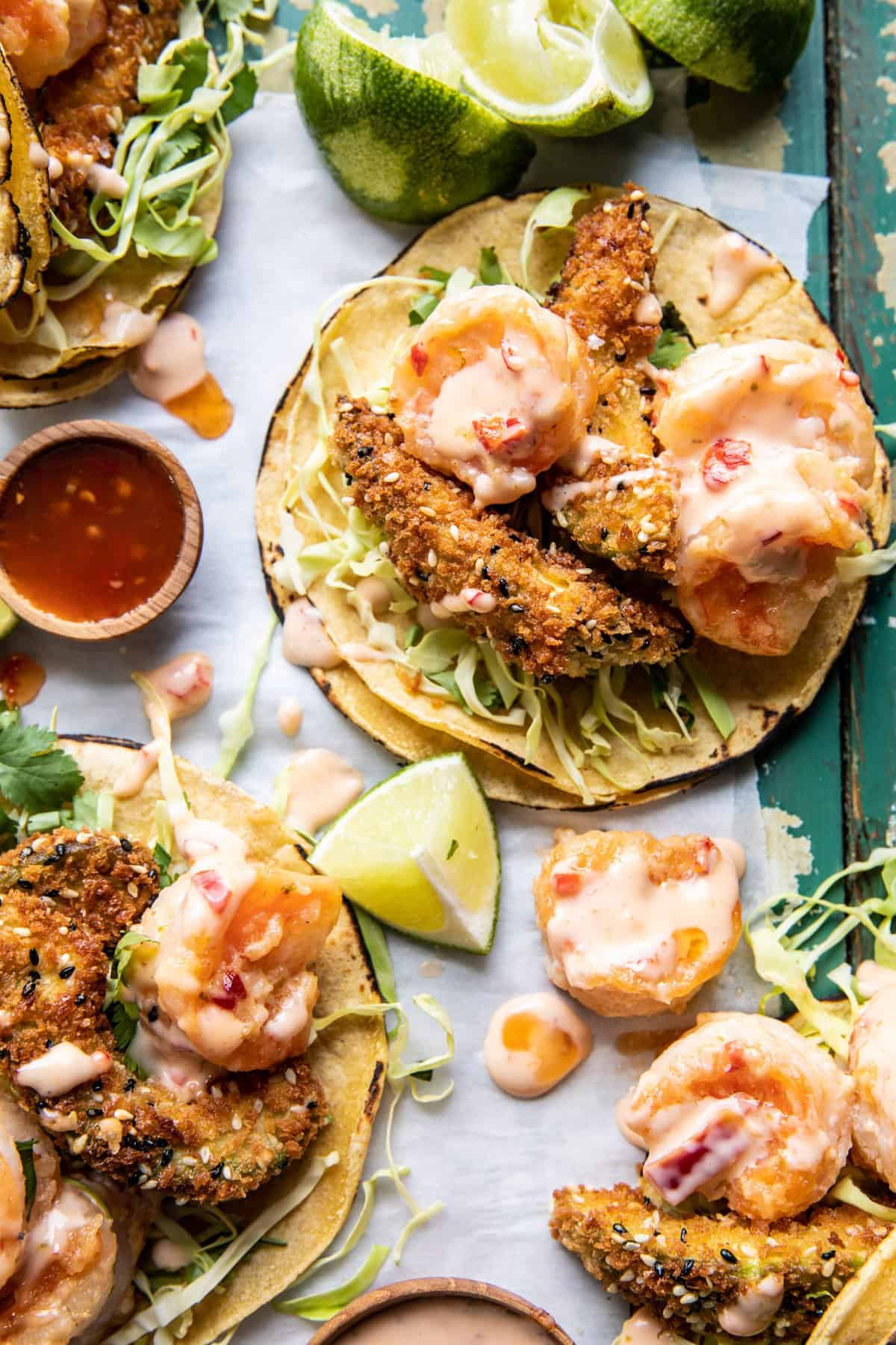 Bang Bang Shrimp Tacos with Fried Avocado | halfbakedharvest.com
