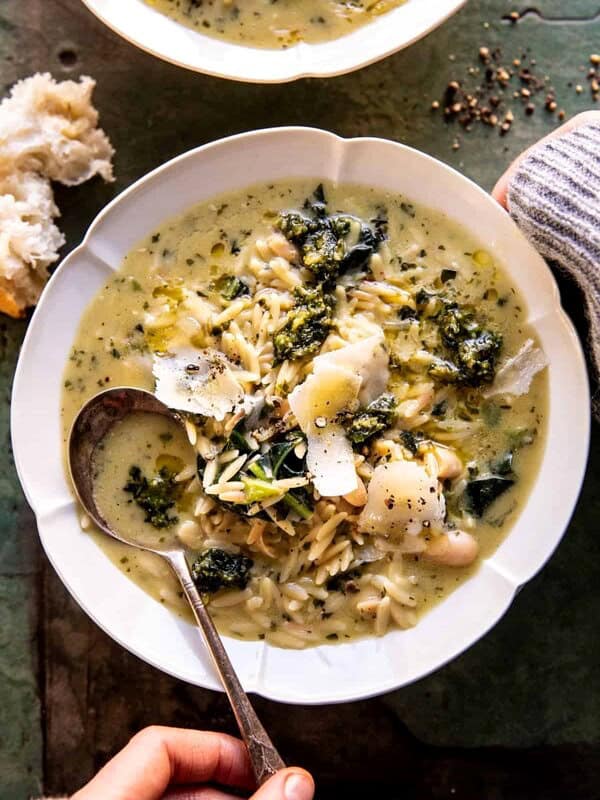 Creamy White Bean Lemon Pesto Orzo Soup | halfbakedharvest.com