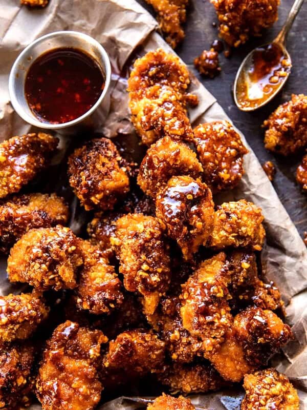 Oven Fried Southern Hot Honey Popcorn Chicken | halfbakedharvest.com