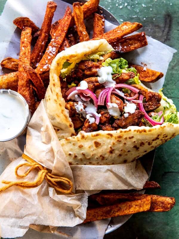 Quick Sheet Pan Chicken Gyros with Feta Tzatziki | halfbakedharvet.com