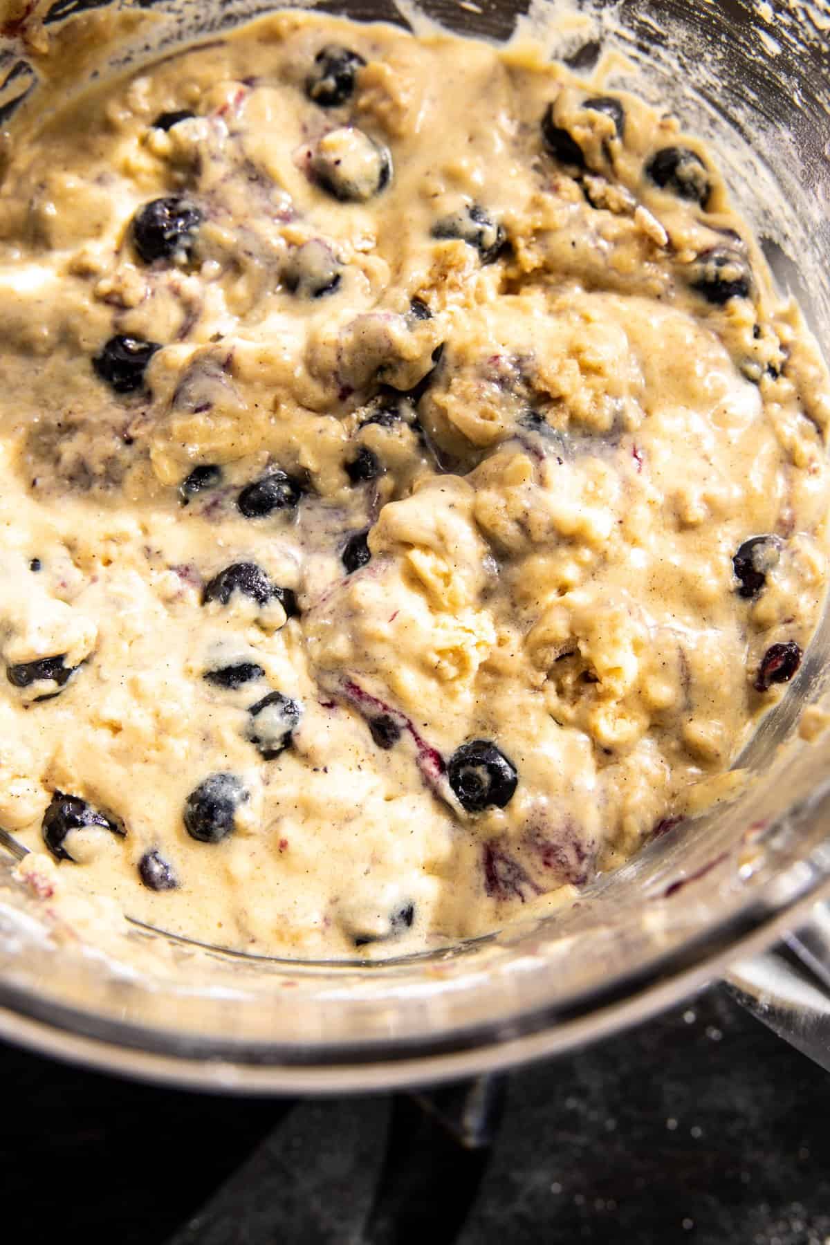 blueberry muffin batter in mixing bowl 