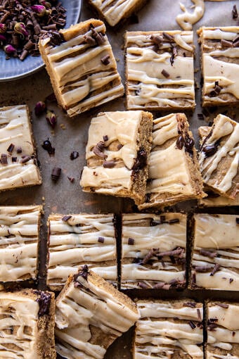 blondies with chocolate showing and chocolate curls