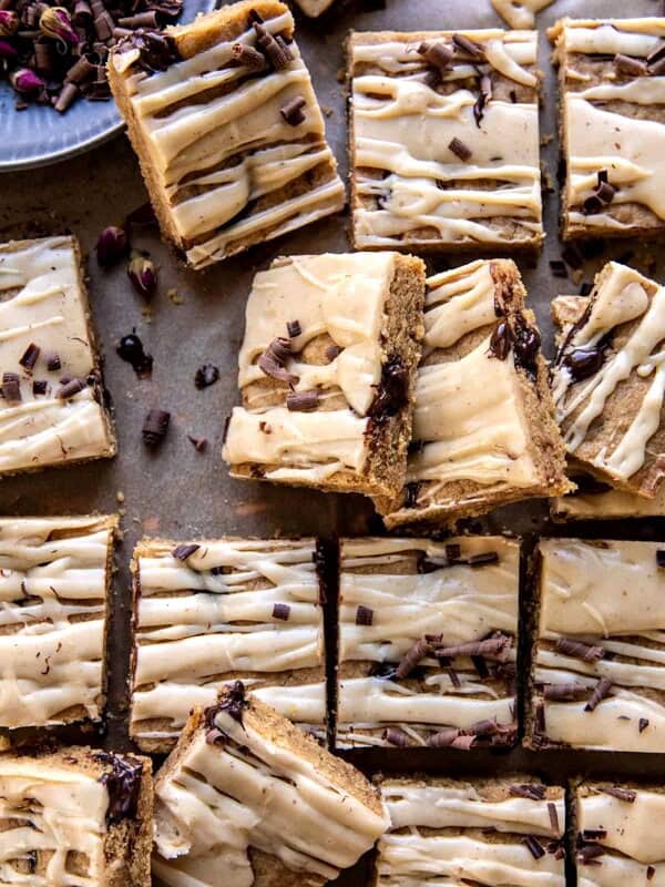 blondies with chocolate showing and chocolate curls