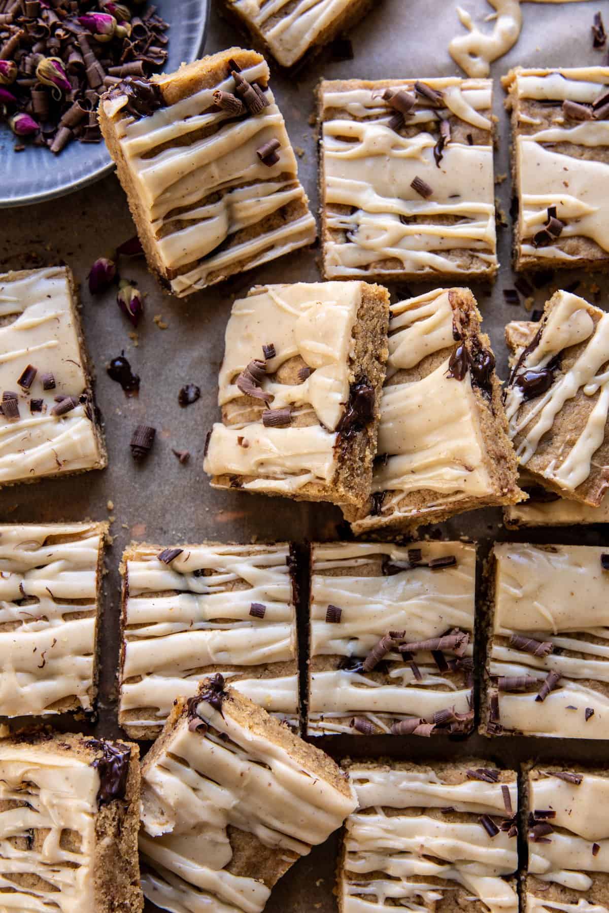 blondies with chocolate showing and chocolate curls 
