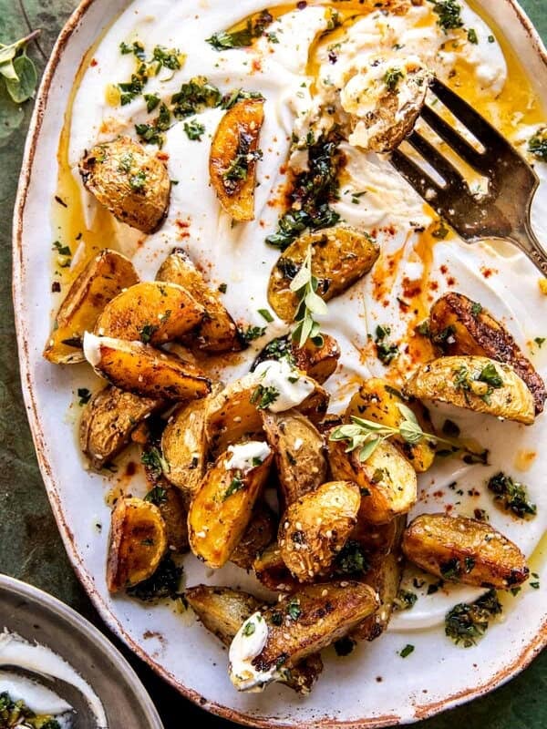 Crispy Oregano Roasted Potatoes with Creamy Feta Sauce | halfbakedharvest.com