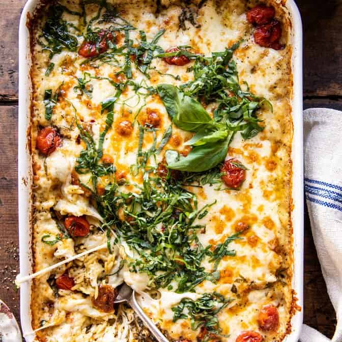 Easiest One Pan Caprese Pesto Orzo Bake | halfbakedharvest.com