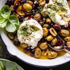 Garlic Herb Roasted Olives with Burrata