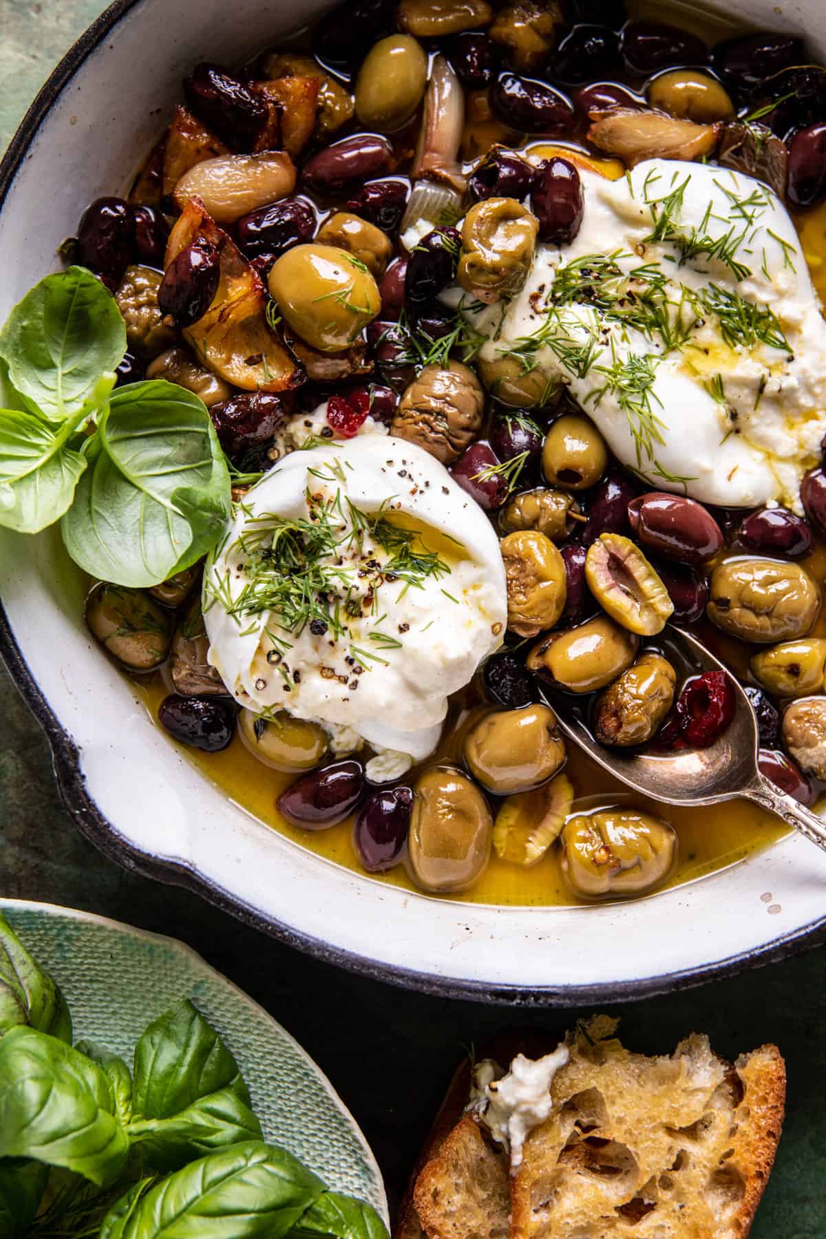 olives roasted in skillet with burrata 