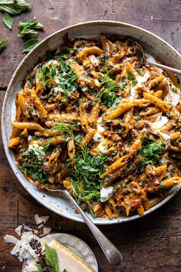One Pot Sun-Dried Tomato Pasta with Whipped Ricotta.