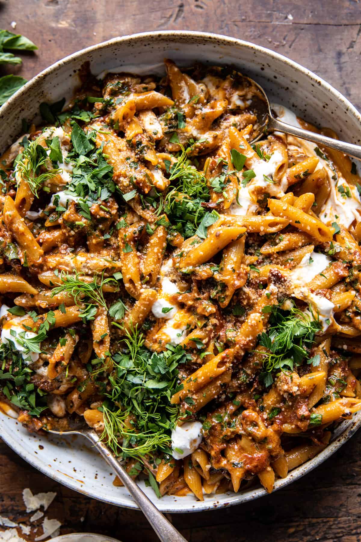 One Pot Sun-Dried Tomato Pasta with Whipped Ricotta | halfbakedharvest.com