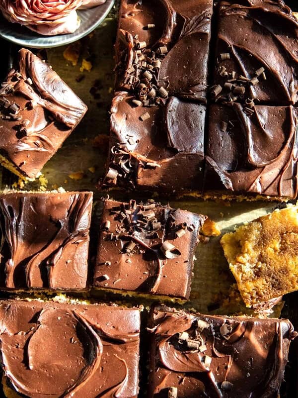 overhead photo of cake on sheet pan
