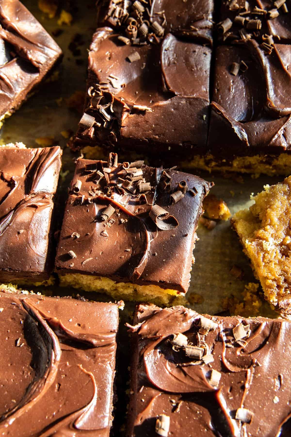 Swirled Caramel Sheet Cake with Fudgy Chocolate Frosting close up photo on sheet pan