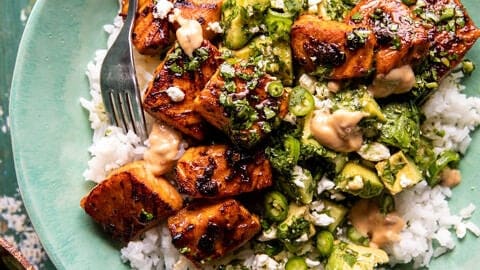 Spicy Chipotle Honey Salmon Bowls | halfbakdharvest.com