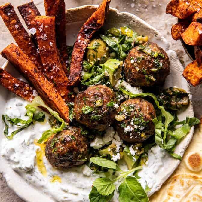 Sheet Pan Greek Meatballs and Tzatziki | halfbakedharvest.com
