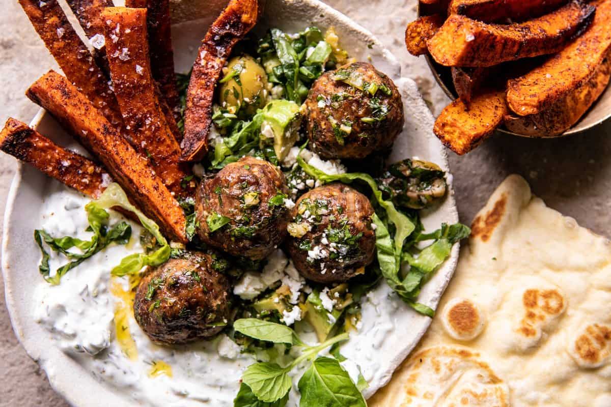 Sheet Pan Greek Meatballs and Tzatziki | halfbakedharvest.com