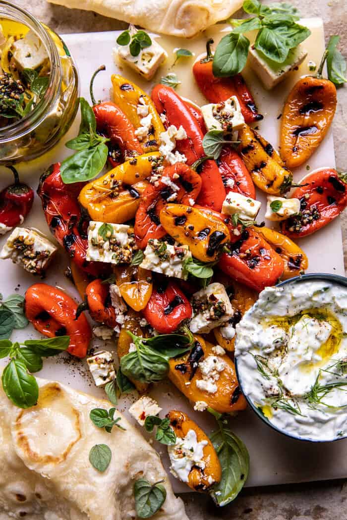 Charred Peppers with Marinated Feta and Tzatziki.