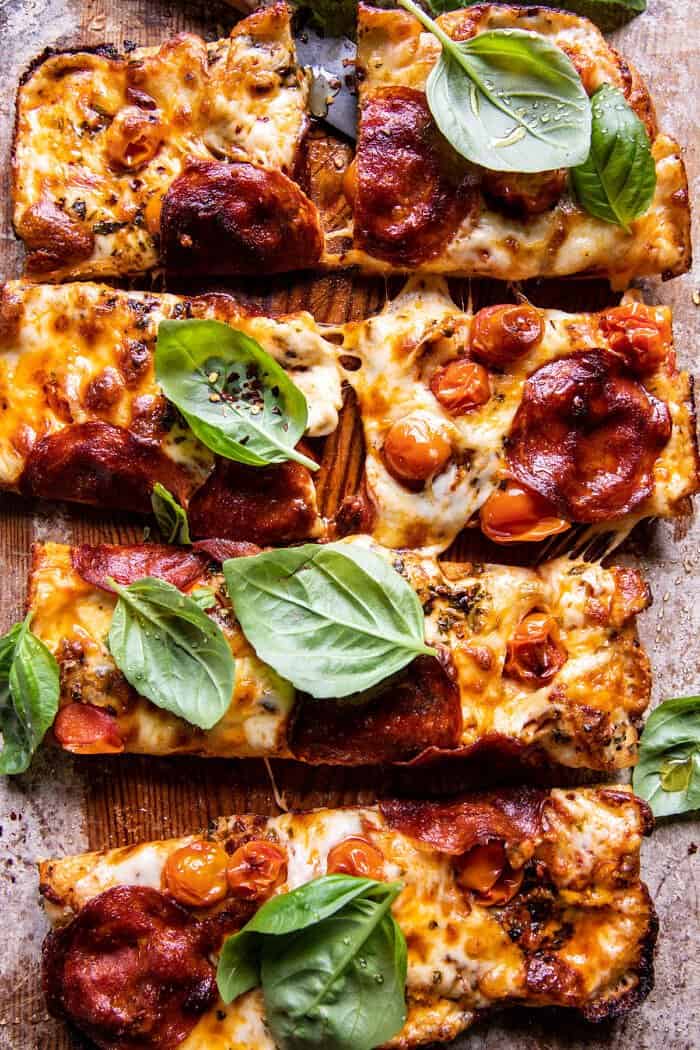 Detroit Style Tomato Herb Pepperoni Pizza.